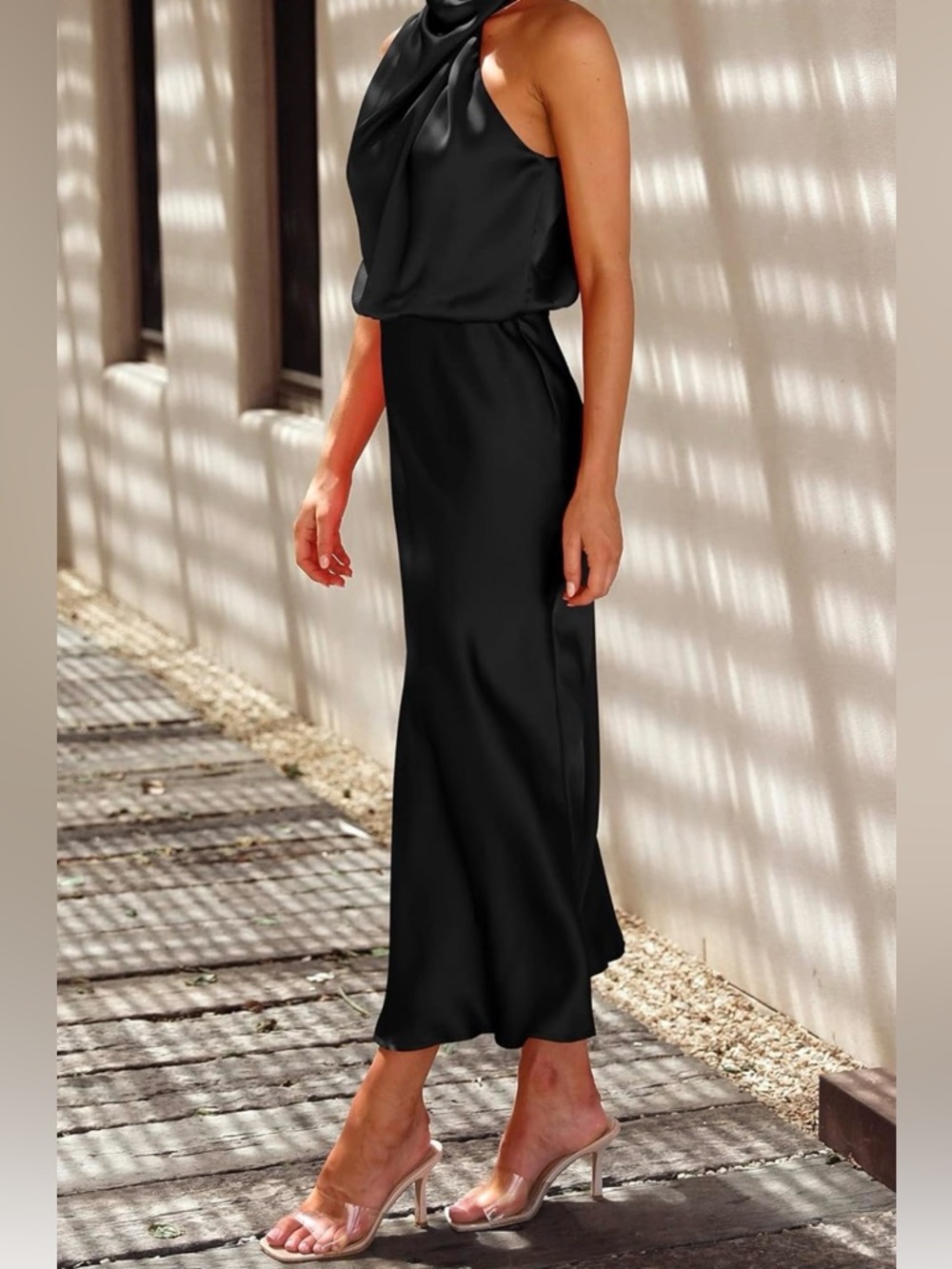 Elegant Black Draped Neck Satin Maxi Dress